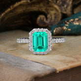 2 Carat Emerald Cut Emerald 4 Prong Engagement Ring Pave Halo Bridal Ring